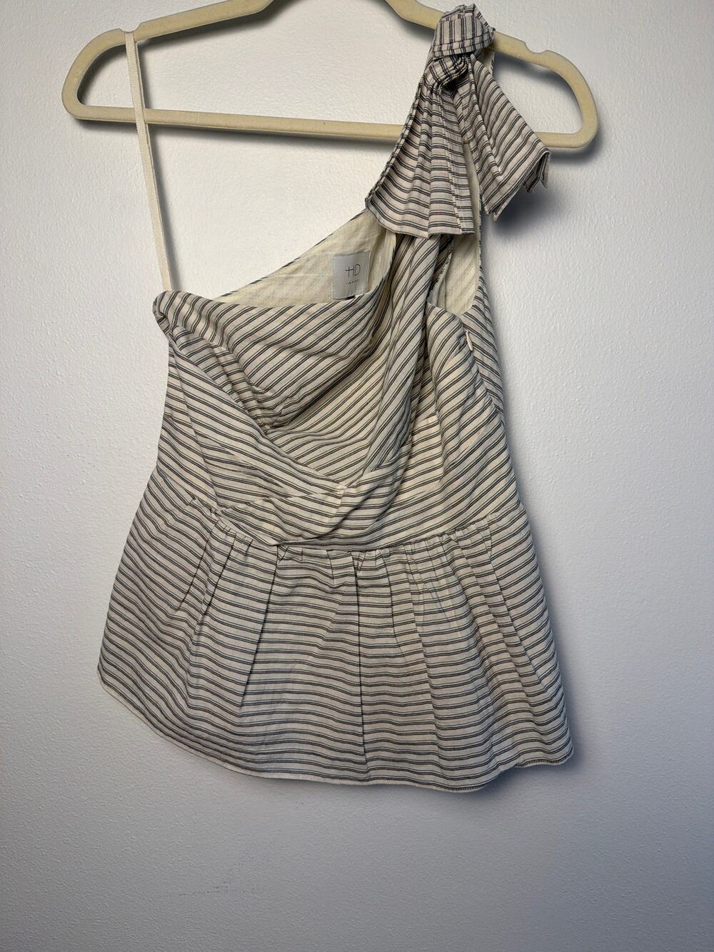 NWT HD in Paris Anthro Stripe Asymmetric Shoulder Tie Cotton Linen Blouse | US 4